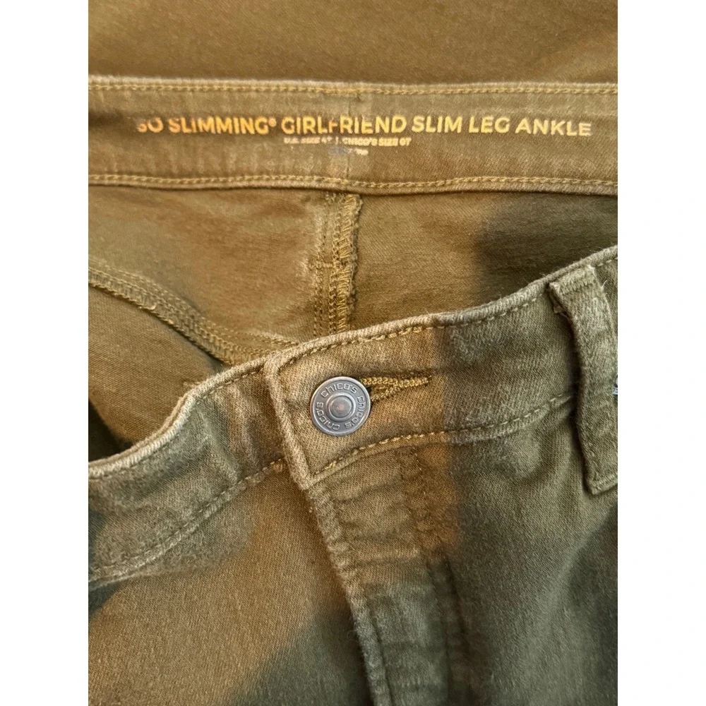 Chico's Women's SZ 0 TALL (4) So Slimming Girlfriend Slim Leg Ankle Jeans Olive - Picture 4 of 5